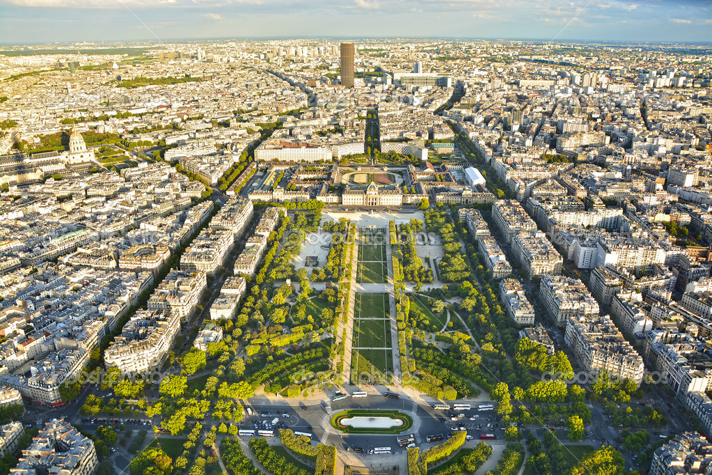Landscaped park with extensive lawns with beautiful view of the Eiffel Tower, Paris, France.
